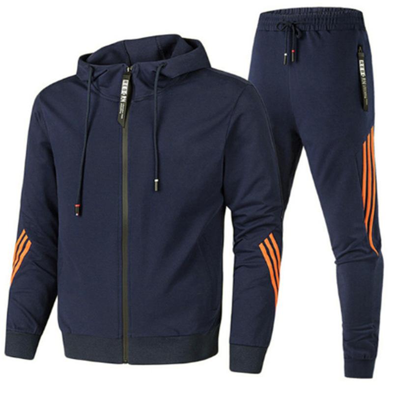 Men's Casual Sports Suit Three Bars Hooded Zipper Hoodie Long Pants Sports Suit