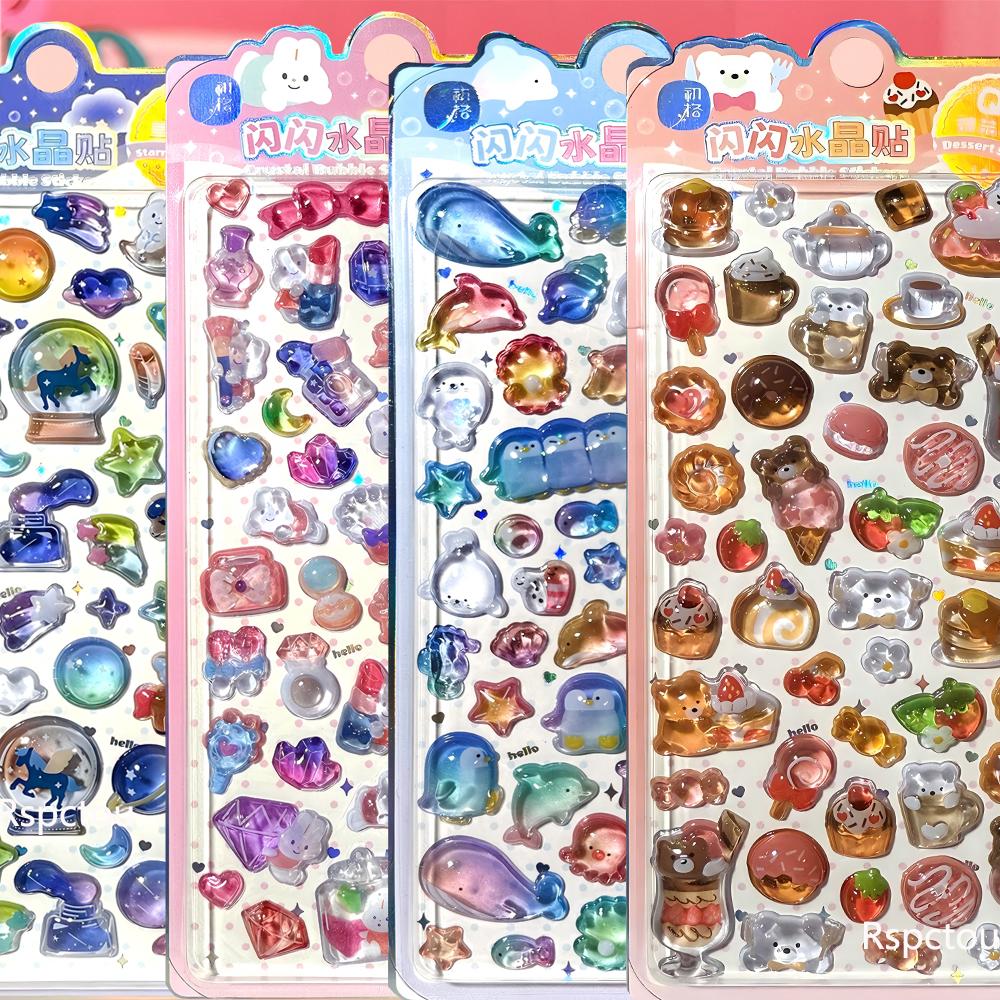 4Pcs Cute Creative Cartoon Bear Rabbit 3D Relief Stickers Marine Animals Jelly Crystal Sticker Luggage Guitar Diy Kawaii Decals