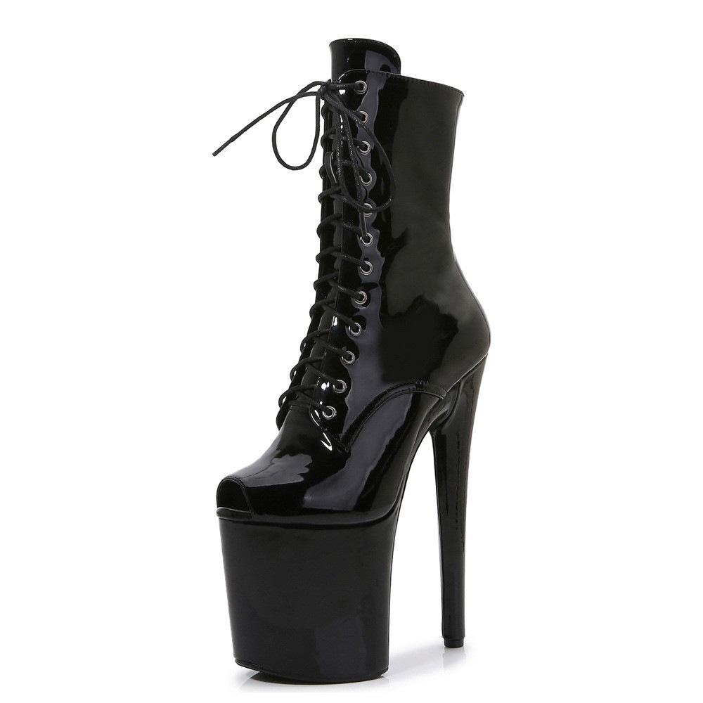 20 см пикантные женские яркие лакированные кожаные низкие сапоги на высоком каблуке-шпильке с открытым носком Сапоги для танцев на пилоне Клубная обувь