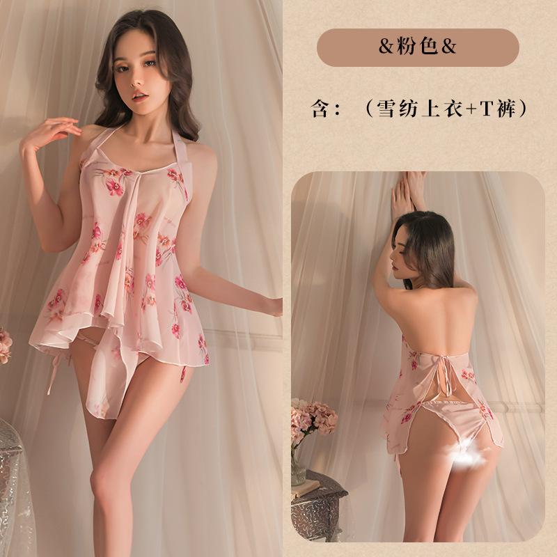 Sexy lingerie sexy temptation women's perspective chiffon printing hot skirt pure passion women's summer