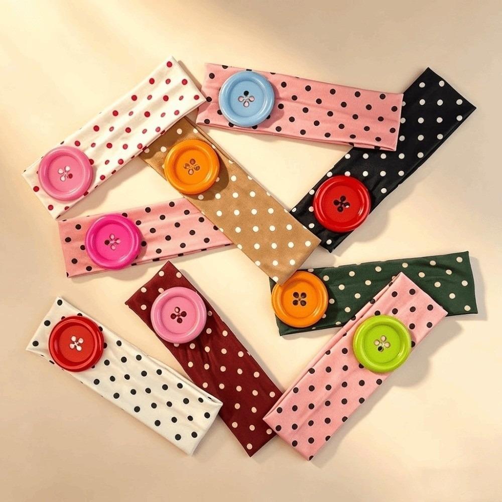 Dopamine Color Elastic Head Wrap Large Button Yoga Hairband Fashionable Polka Dot Headband Daily