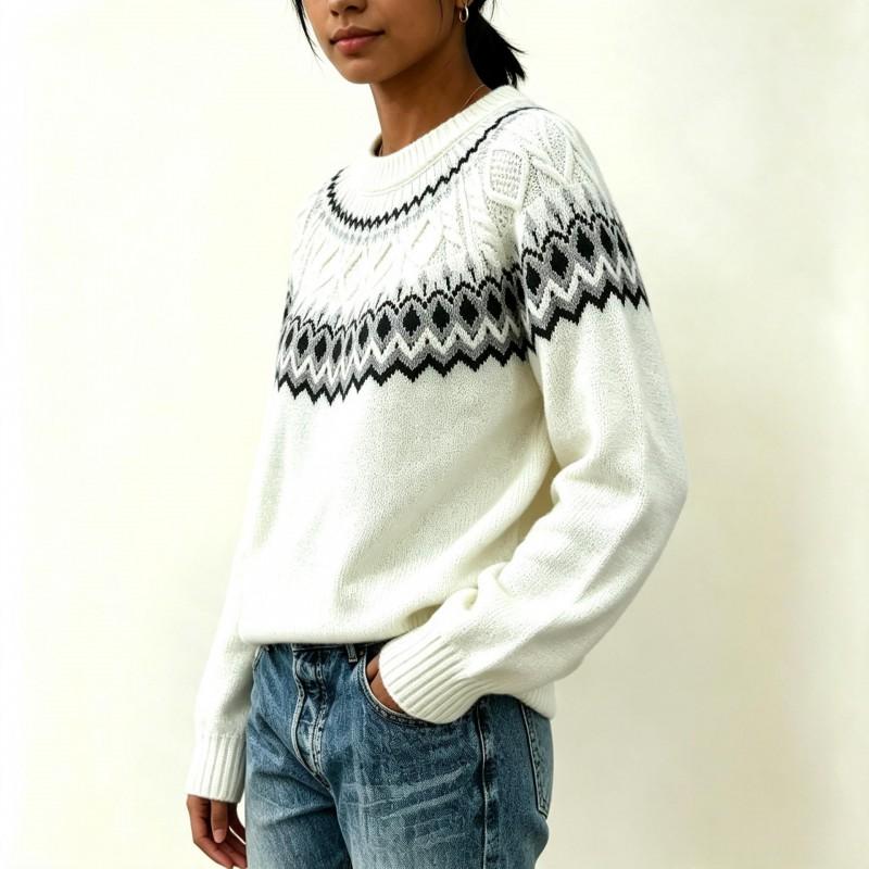 Oversized Fair Isle Knit Sweater Women Soft Acrylic Pullover With Embroidery Crew Neck Long Sleeve