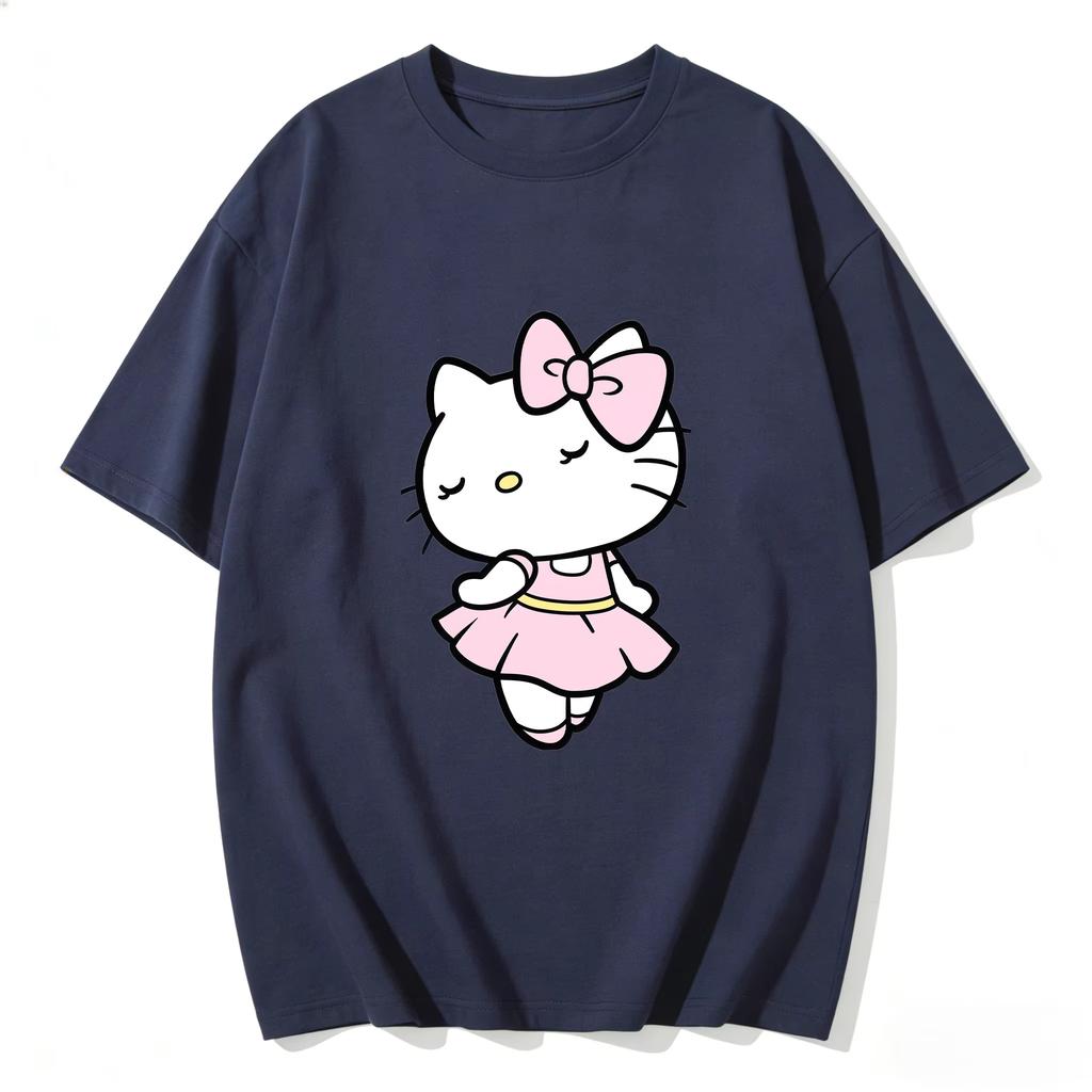 Summer New Arrival Kawaii Hello Kitty Ballerina Print Couple T Shirts Casual Loose Family Matching Outfits Parentchild Tee