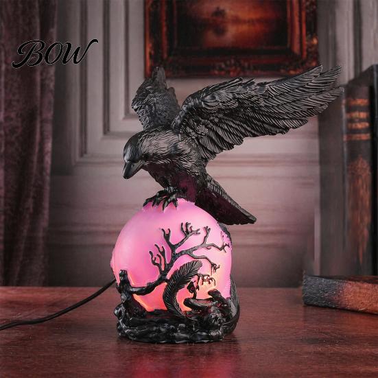 Purple LED Night Light Gothic Crow Lamp, with Ball, Resin Halloween Light, Party Decor USB Powered Dark Style Statue for Bedroom Living Room