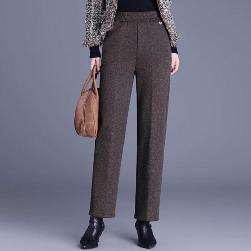 Women's Fleece-Lined Elastic Waist High-Waist Loose Straight-Leg Pants for Spring and Autumn
