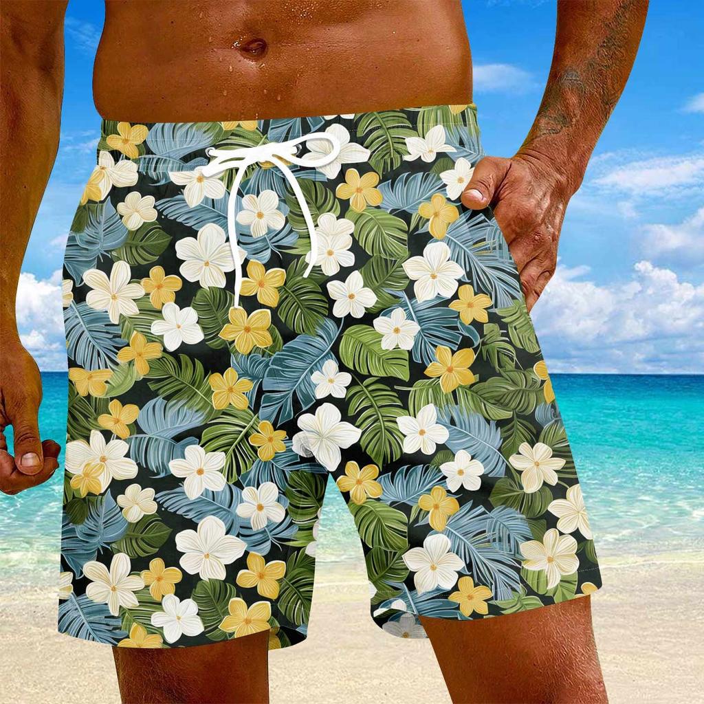 Men's Fashion Hawaiian Print Elastic-Waisted Casual Yoga Pants Beach Shorts