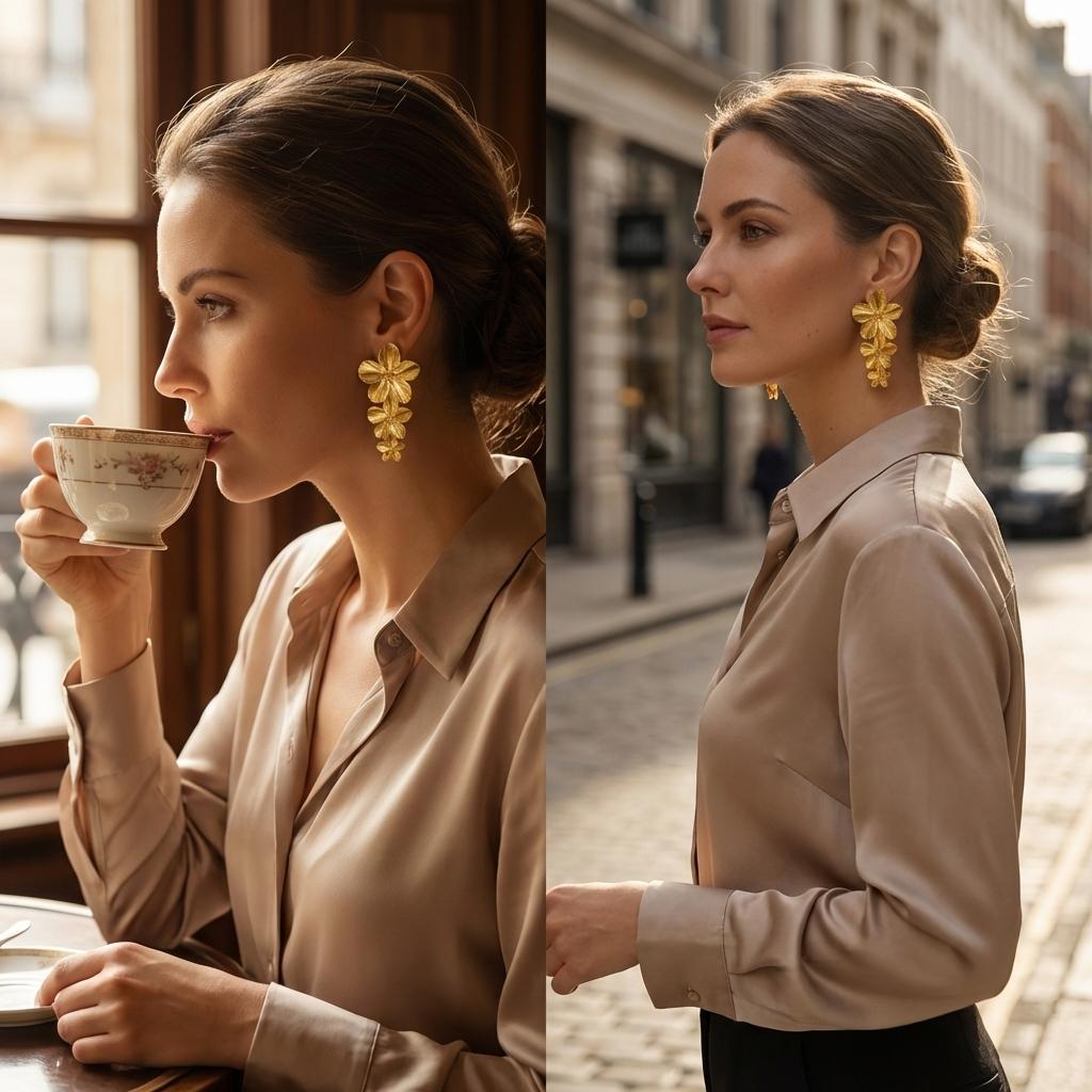 Elegant Triple Flower Drop Earrings for Women Gold Color Floral Dangle Statement Jewelry for Wedding Guest Bridesmaid Party