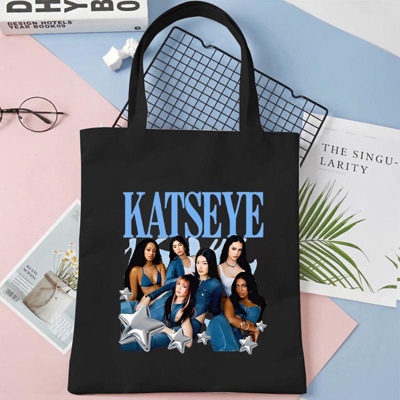 Katseye Kpop Merch Canvas Tote Bag Shoulder Handbag Shopping Bag Large Capacity Eco Friendly Fan Gift White