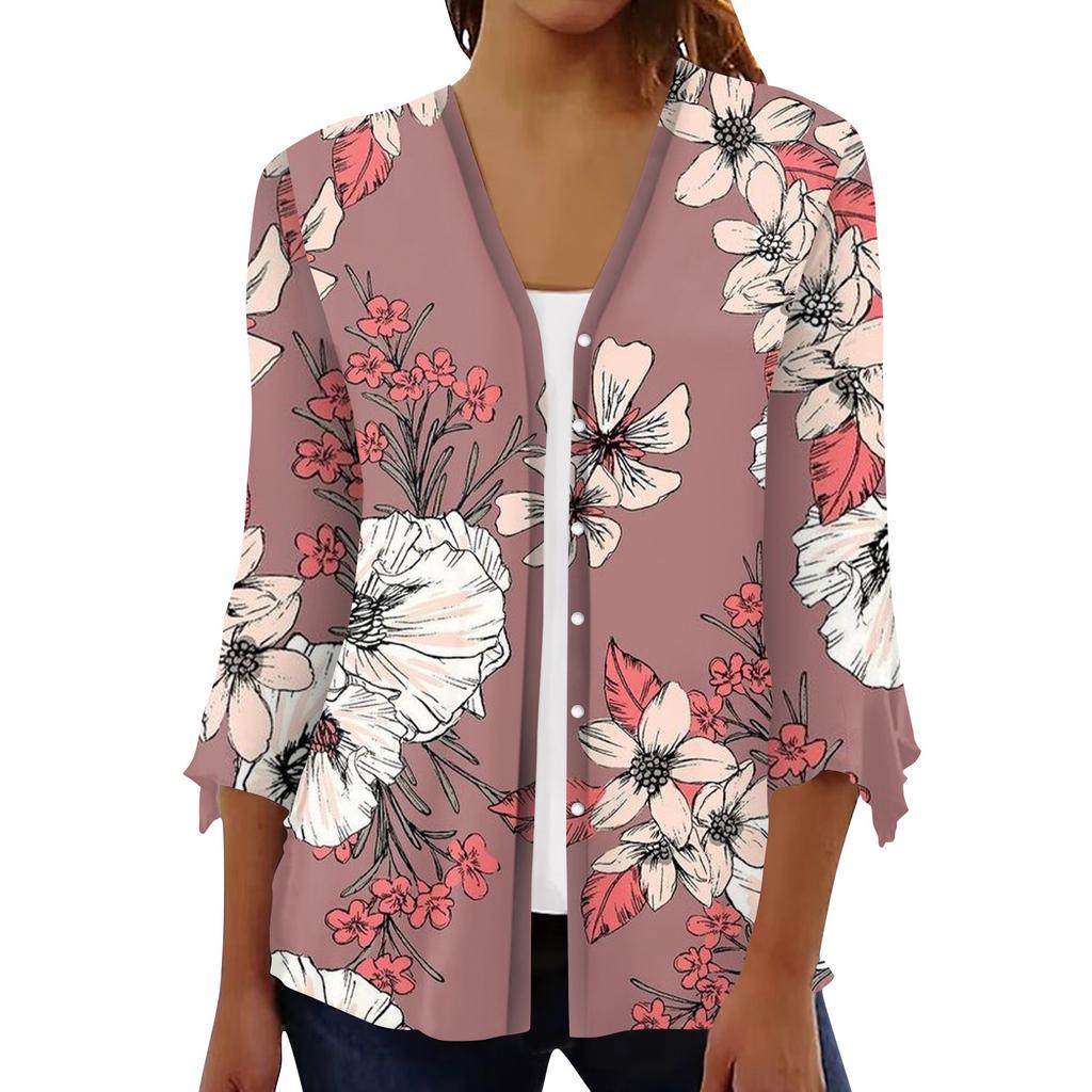 Кардиган с открытым передом и рукавами 3/4 для женщин, кардиган на пуговицах в стиле ретро с цветочным принтом для платья, женские топы с v-образным вырезом, накидка