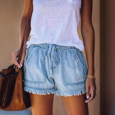 Женские джинсовые хлопковые шорты с эластичной талией средней посадки с кисточками