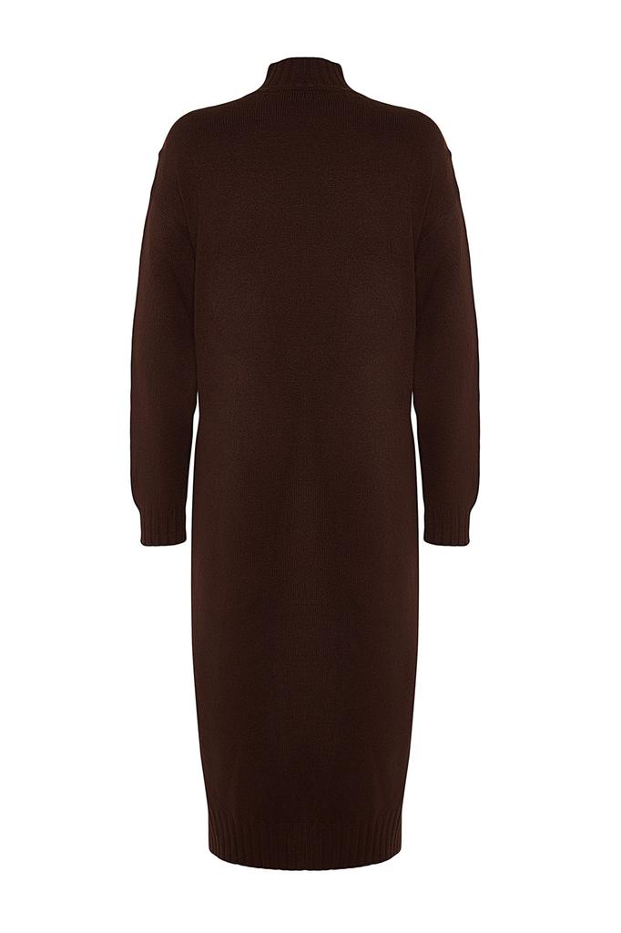 Женское платье, новый сезон, модное коричневое широкое трикотажное платье миди, мягкое текстурированное платье с высоким воротником
