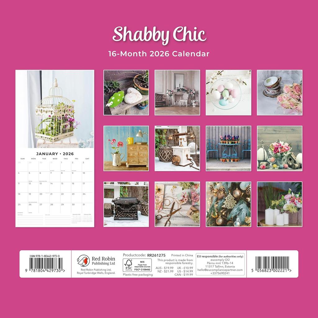 Red Robin 2026 Shabby Chic Monthly Wall Calendar | 12" x 24" Open | Premium Thick & Sturdy Paper | Hangable 12 Month Calendar | Lined Notes & To Do