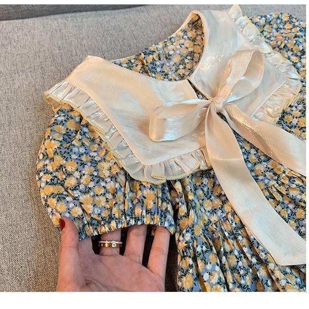 Summer Floral Princess Dress - Short-Sleeved Korean Lapel Style for Girls
