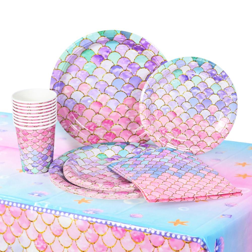 Ослепительный одноразовый набор для девочек на день рождения, красочный декоративный набор посуды, чашка, бумажная тарелка, скатерть