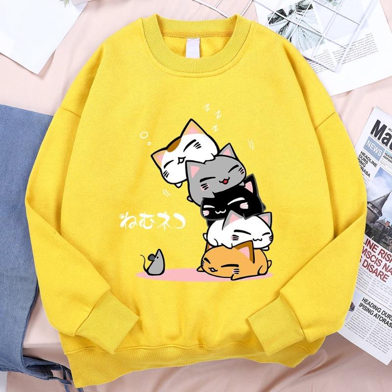 Stacked Cats Sleeping Don't See Mouse Мужская одежда Аниме-пуловеры с капюшоном Свободная флисовая толстовка Повседневная уличная одежда с круглым вырезом Пуловеры и длинные рукава мужские