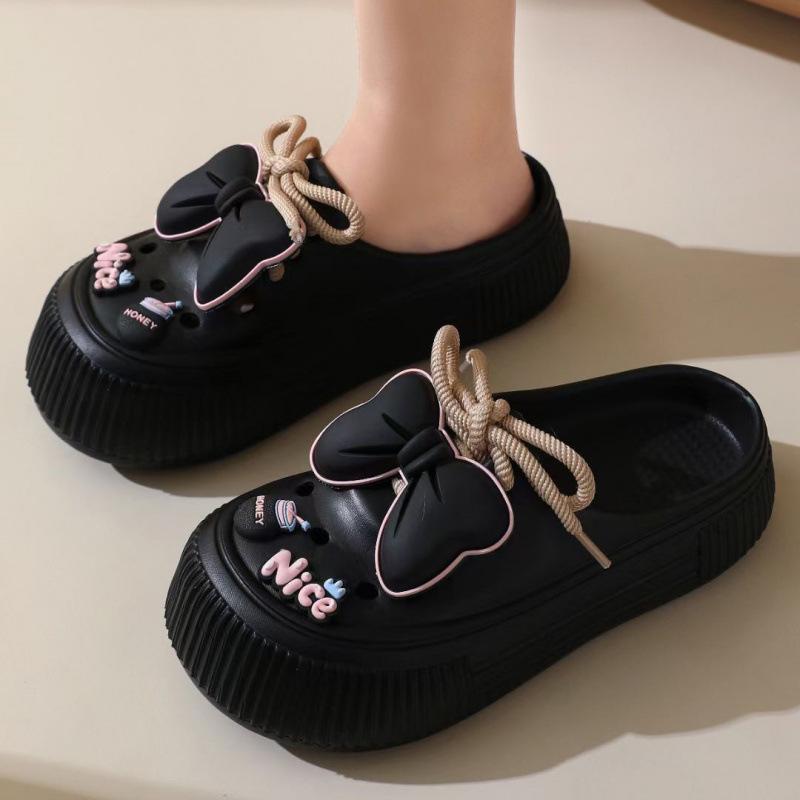 Cute Bow Hollow Slippers for Women, Summer Thick-Soled Platform Slippers, Indoor Outdoor Round Toe Slippers