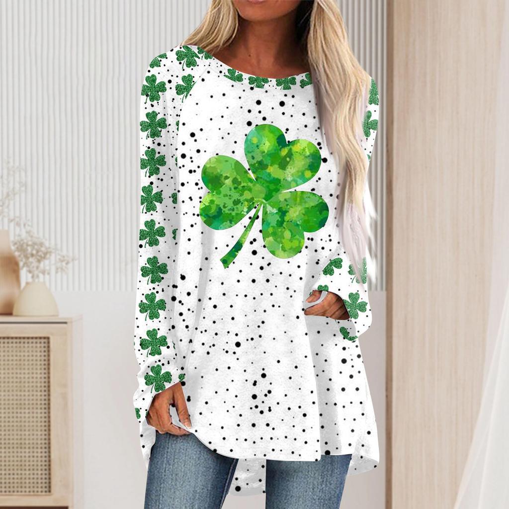 Fashionable Women's Casual Loose Round Neck Long Sleeved Saint Patrick Printed T-shirt Top
