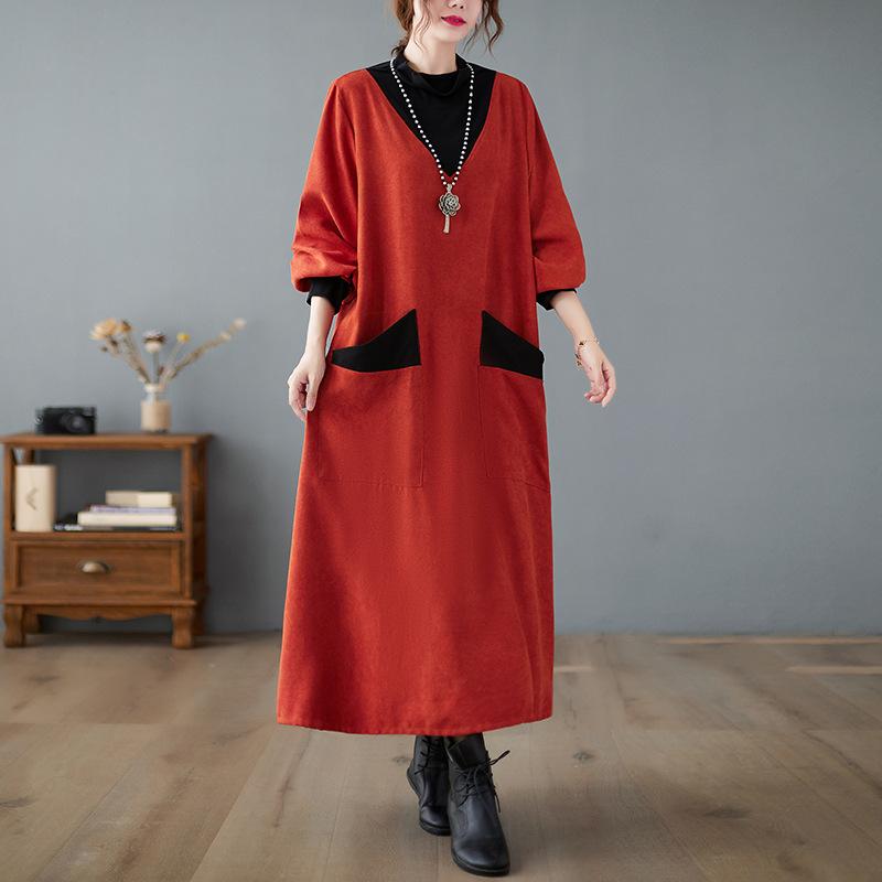 2024 осень и зима новое платье выше колена с большим карманом полуводолазка трикотажное облегающее большого размера рубашка халат