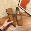 Туфли бабушкины на низком каблуке из замши с квадратным носком в стиле феи, женские, весенние, универсальные, в стиле ретро, с открытым вырезом, из мягкой кожи, Мэри Джейн на толстом каблуке, одинарные