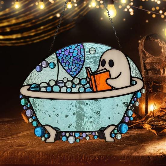 Bath-Time Ghost Reader Ornaments Cute Ghost Reading Book In A Bathtub Acrylic Hanging Suncatcher for Bathroom Window Wall Decoration