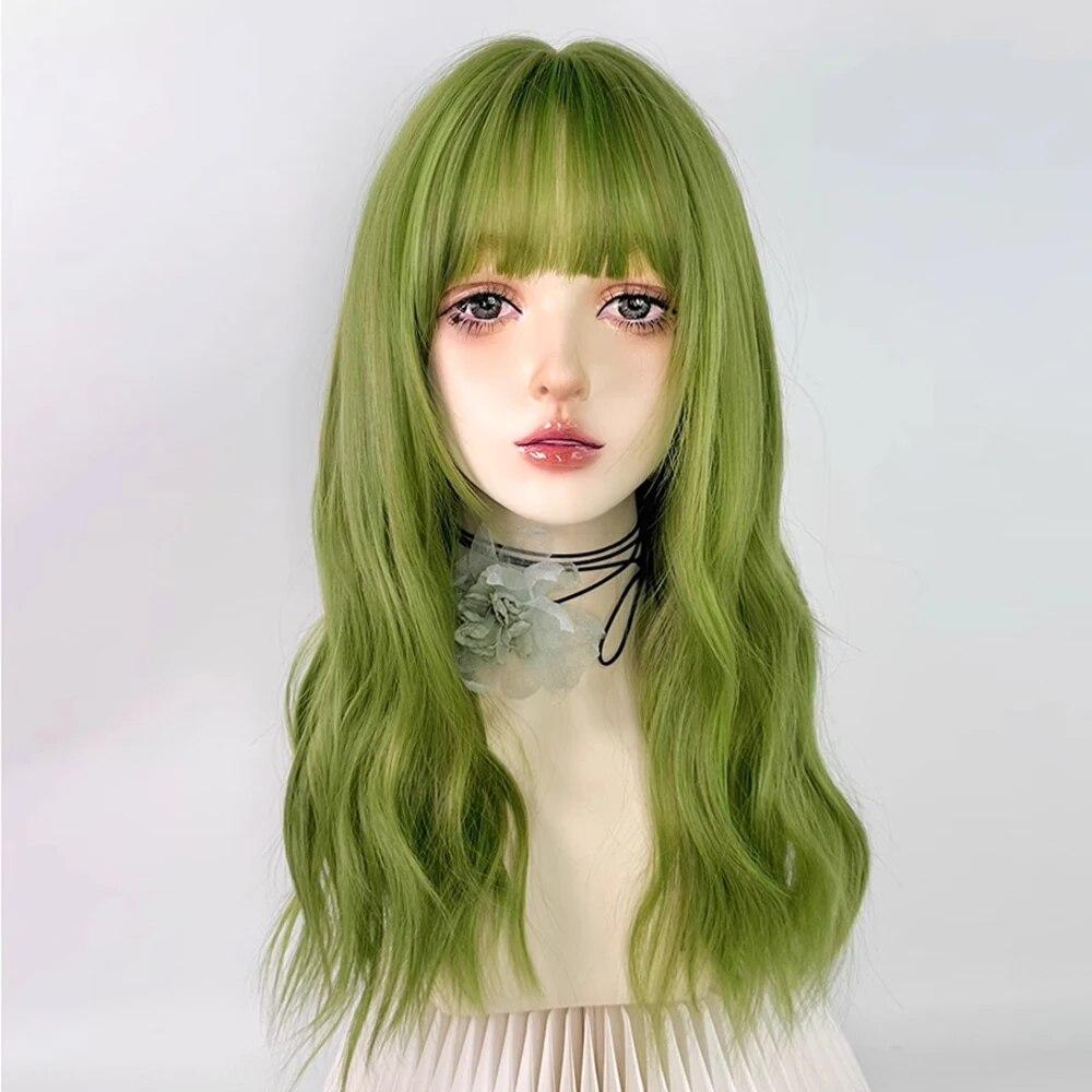 Синтетические длинные зеленые волнистые вьющиеся парики с челкой Лолита Косплей Пушистый женский парик из натуральных волос для повседневной вечеринки