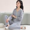 2 Pcs/Set Women Pajamas Suit with Chest Pads Long Sleeves Loose Solid Color Top Elastic Waist Wide Leg Sleepwear Spring Fall Homewear Clothes