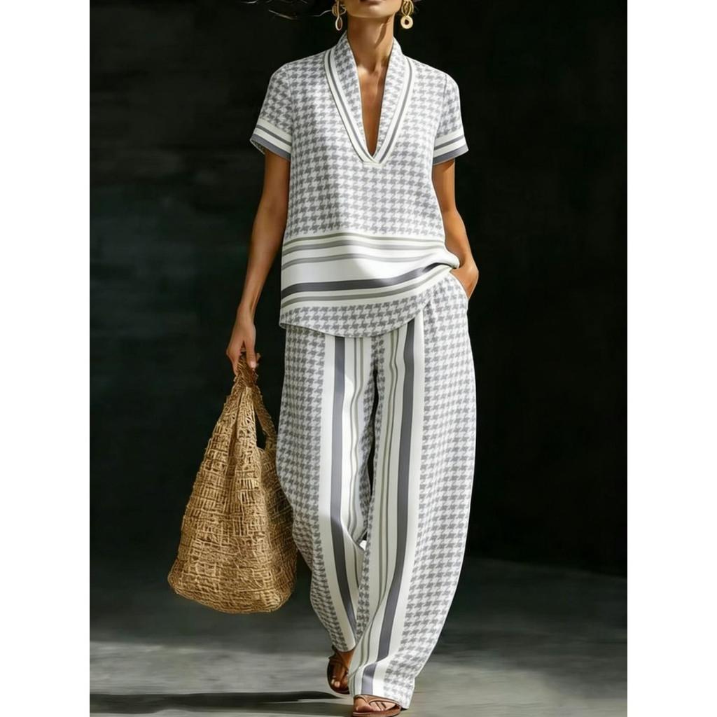 TEMU Hot Sale Women's V-Neck Pullover Short Sleeve Pants Set India Two-piece Set 1D Digital Printing