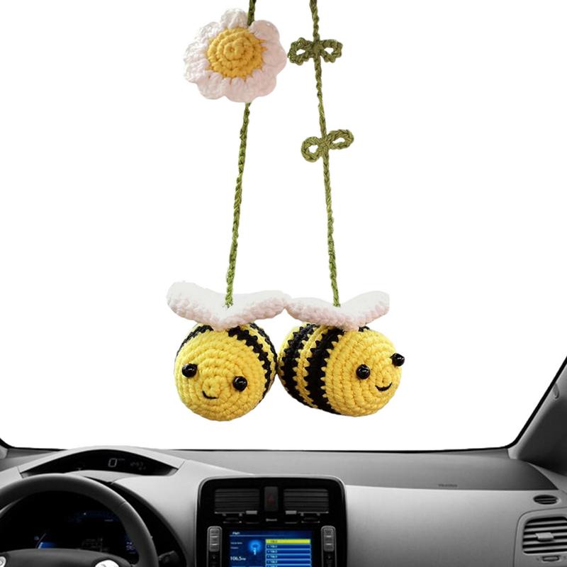 Knitted Bee Car Ornament Bee Handmade Crochet Car Ornament Woven Bee Rearview Glass Charm Car Accessories For Bee Lovers Decor