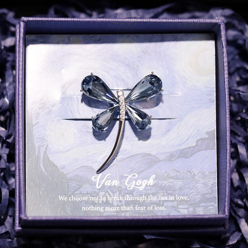 High-End Blue Crystal Dragonfly Brooch with Copper Zircon – Elegant Holiday Gift Jewelry
