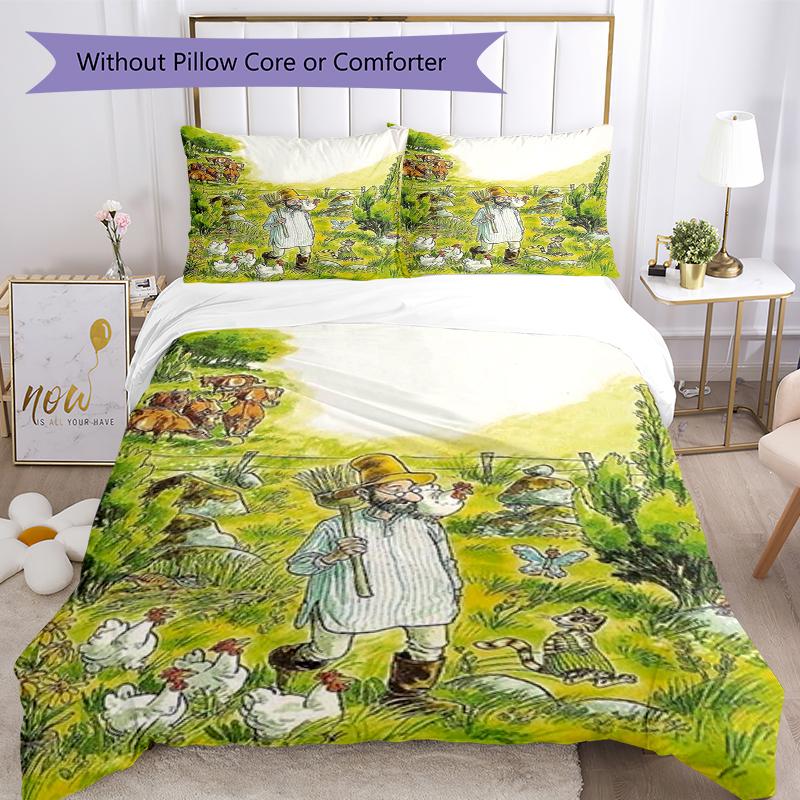 3pcs Pettson and Findus Bedding Set Duvet Cover Closure Includes 1 Duvet Cover & 2 Pillowcases, Soft and Comfortable for All Seasons.