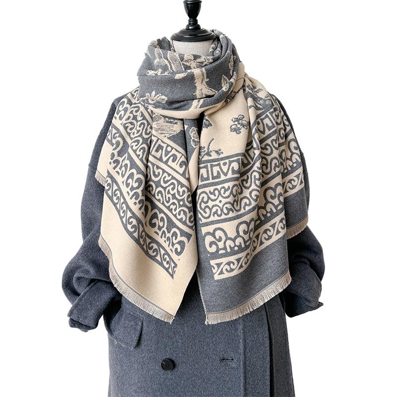 Картина с изображением цветов и птиц, старинная художественная концепция, двухсторонний шарф, зимний высококачественный теплый платок