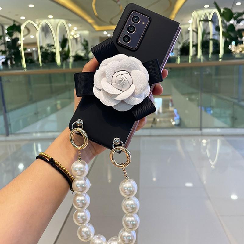 For Samsung Galaxy Z Fold 3 2 5g Diy Luxury Cortex Camellia Flower Portable Big Pearl Hand Chain Black Skin Case Cover Zfold4