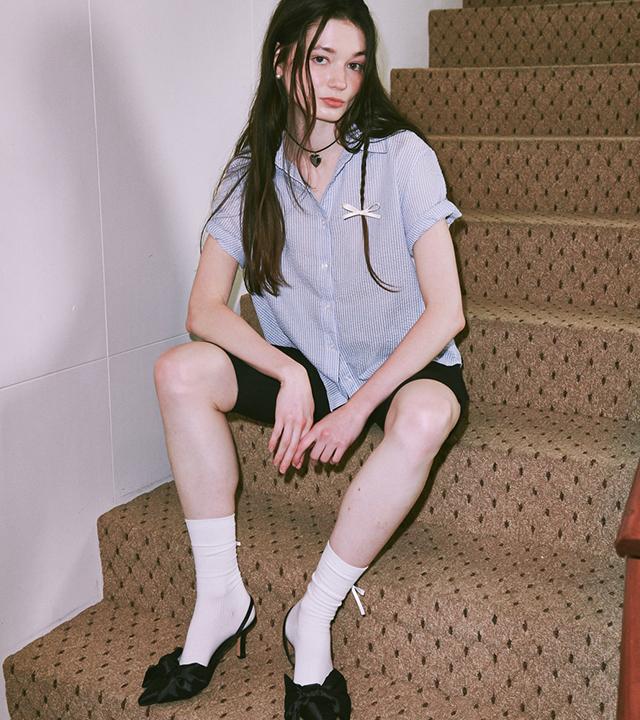 RONRON Seersucker Basic Short Shirt Blue Stripe