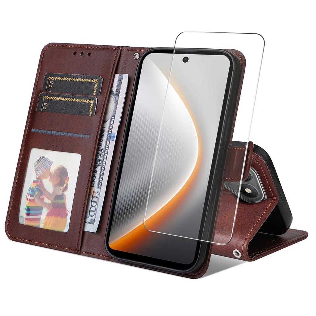 For TECNO Pova 7 4G PU Leather Wallet Case Phone Stand Cover with Tempered Glass