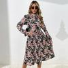 YYFS Women's Fashion Spring Fall Flower Pattern Print Long Sleeve Half Turtleneck High Waist Casual Dresses