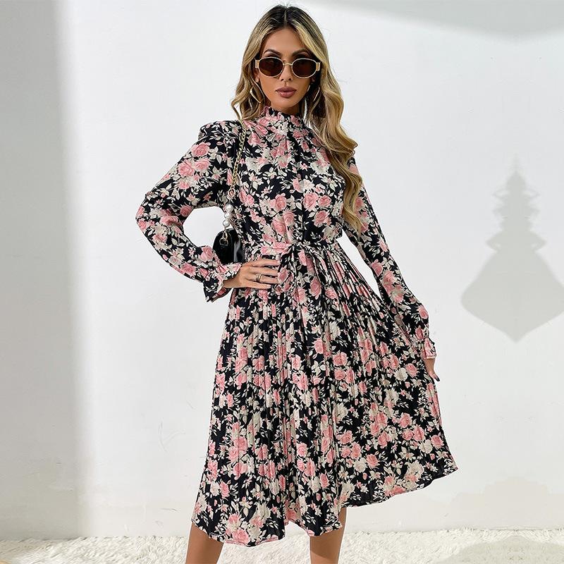 YYFS Women's Fashion Spring Fall Flower Pattern Print Long Sleeve Half Turtleneck High Waist Casual Dresses