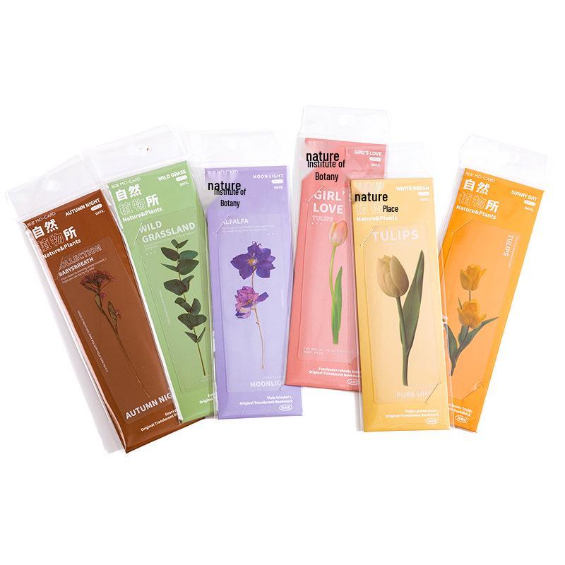 Momo Dried Flower Bookmark Set: 6 Translucent PET Designs for Journals & Books
