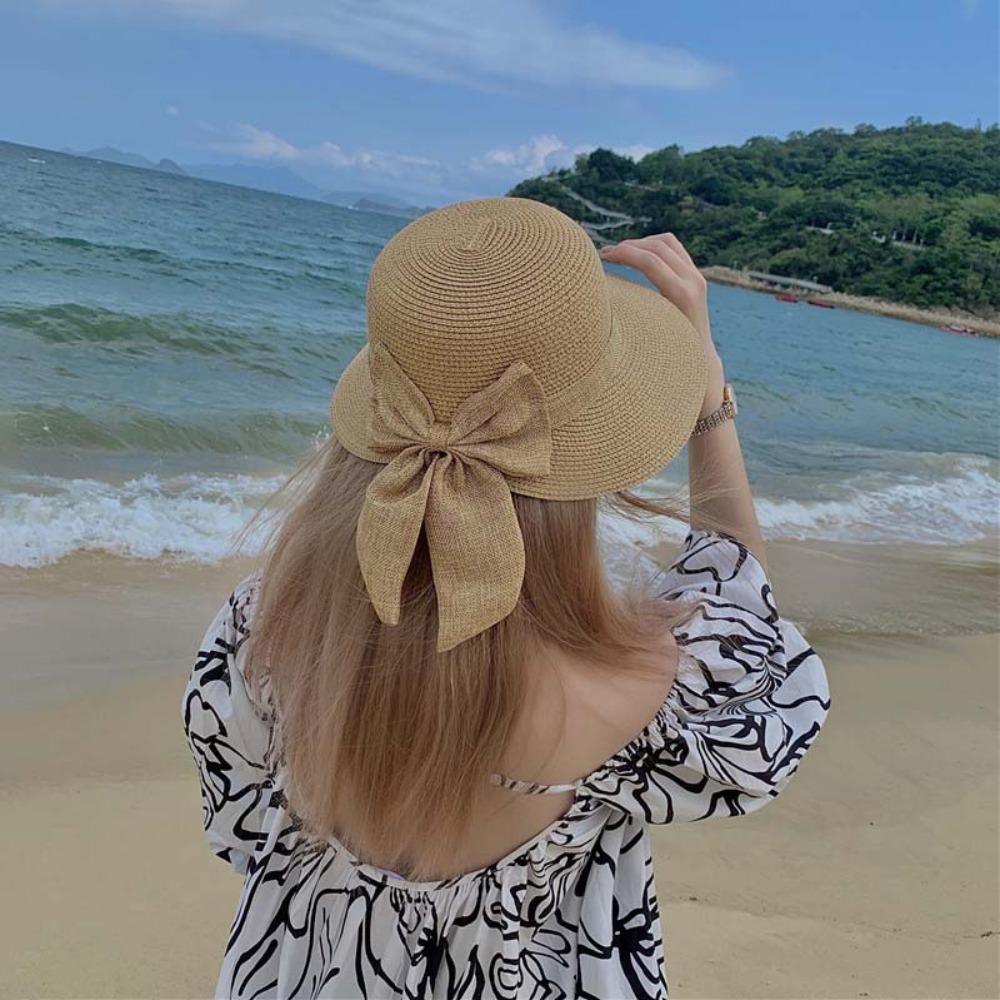 Portable Big Brimmed Woven Cap Breathable Bow Fisherman Cap Straw Weaving Beach Hat  Seaside