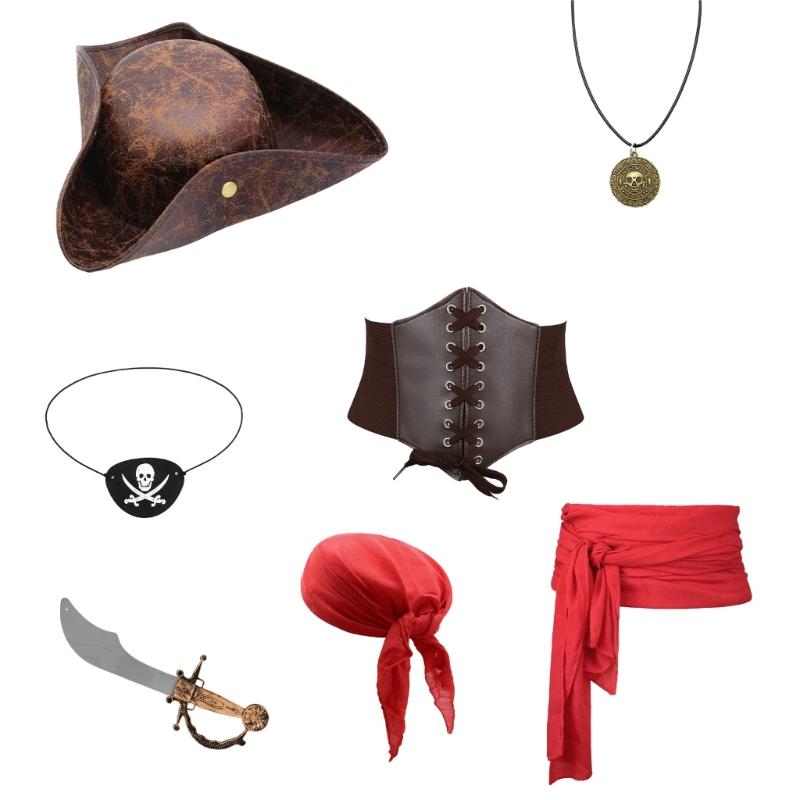 Карибский пиратский костюм Аксессуары 7 шт. Набор шляпы и платка Практичный полиэстер Для тематических вечеринок