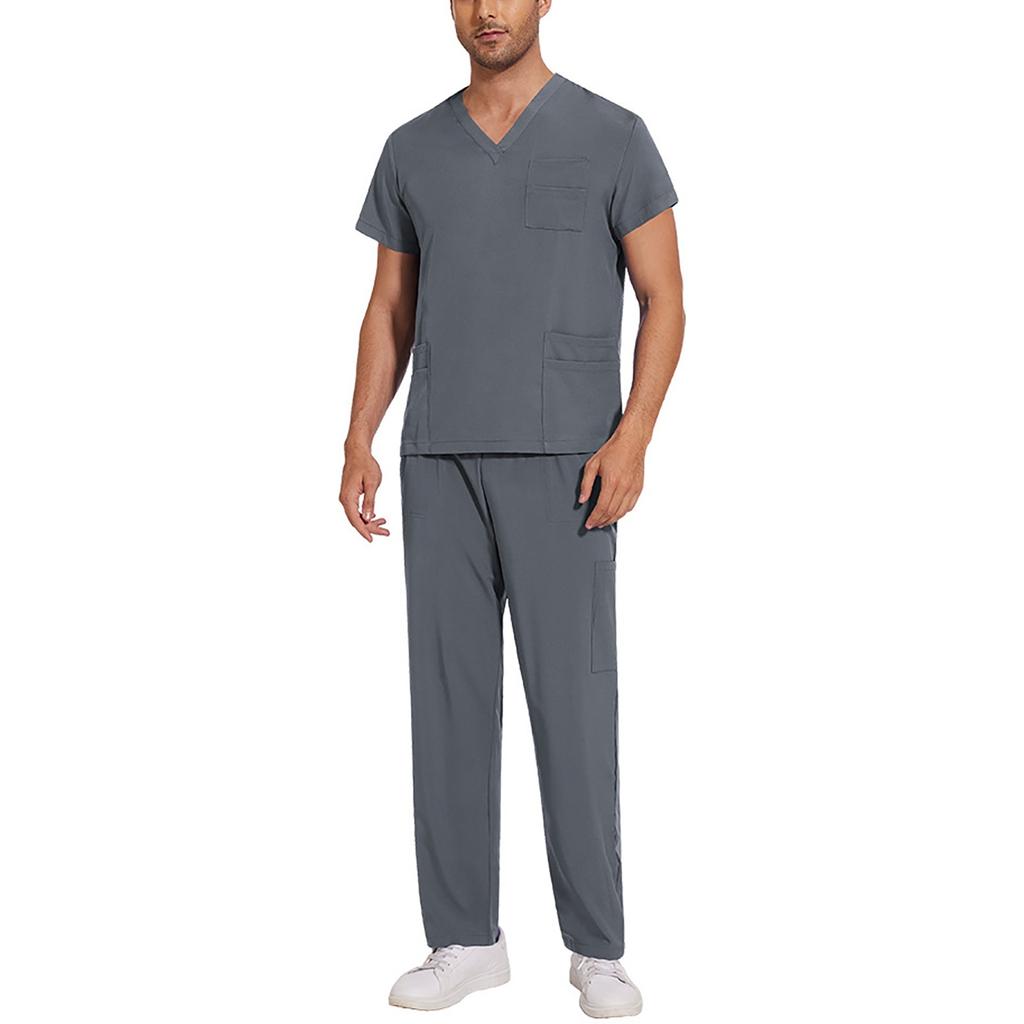 Soild Scrub Working Uniform Suit For Men's Cross V-Neck Short Sleeve Fun T-Shirts Workwear Tee With Pockets