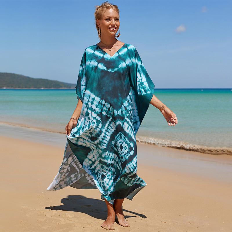 2022 Разноцветный кафтан с богемным принтом и v-образным вырезом, рукавами «летучая мышь», уличная одежда, платье макси, женская пляжная одежда, купальный костюм, накидка Q1342