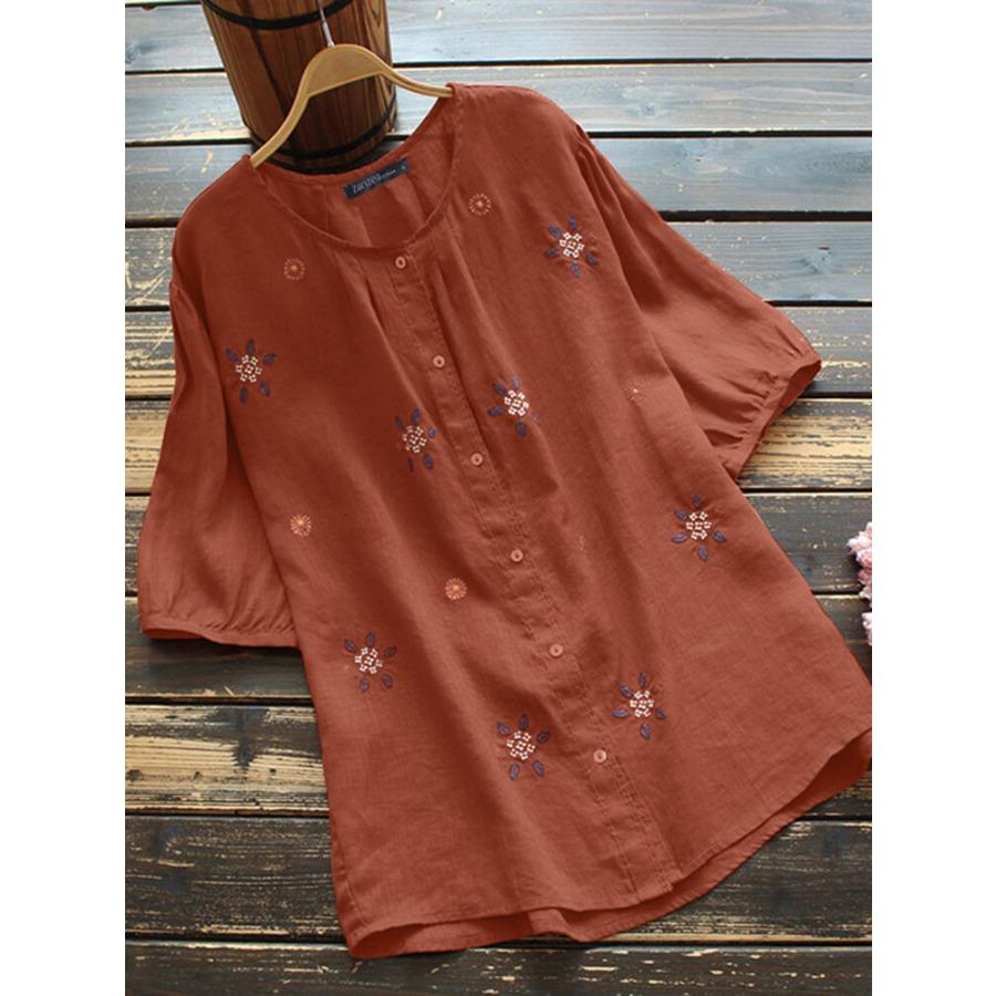Women Cotton Linen Blouse Flower Embroidered Round Neck Button Up Shirt Short Sleeve White Blue Orange Top