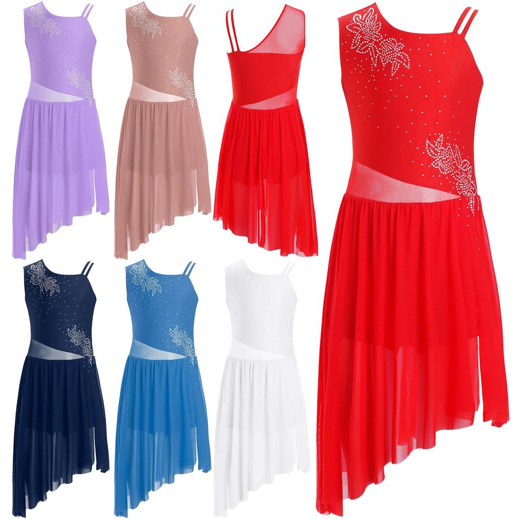 Лирическое танцевальное платье для девочек без рукавов с цветочным узором из страз и асимметричным разрезом для выступлений на сцене