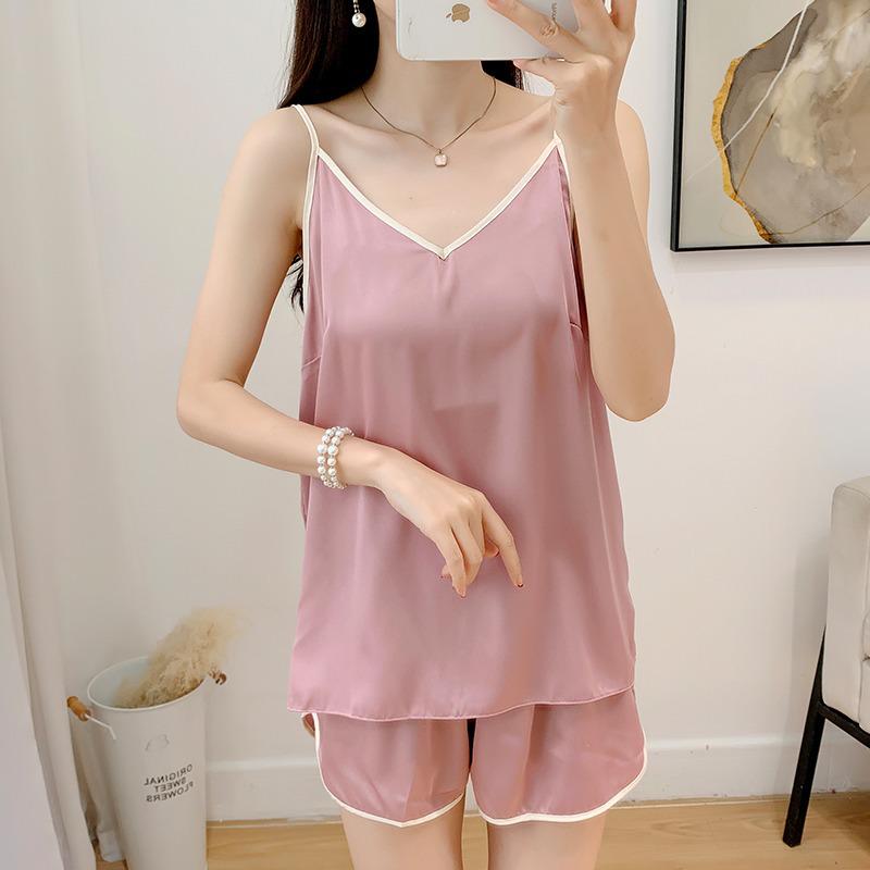 Женский летний пижамный комплект из ледяного шелка - Сексуальный, свободный топ-майка и шорты для повседневной или уличной носки