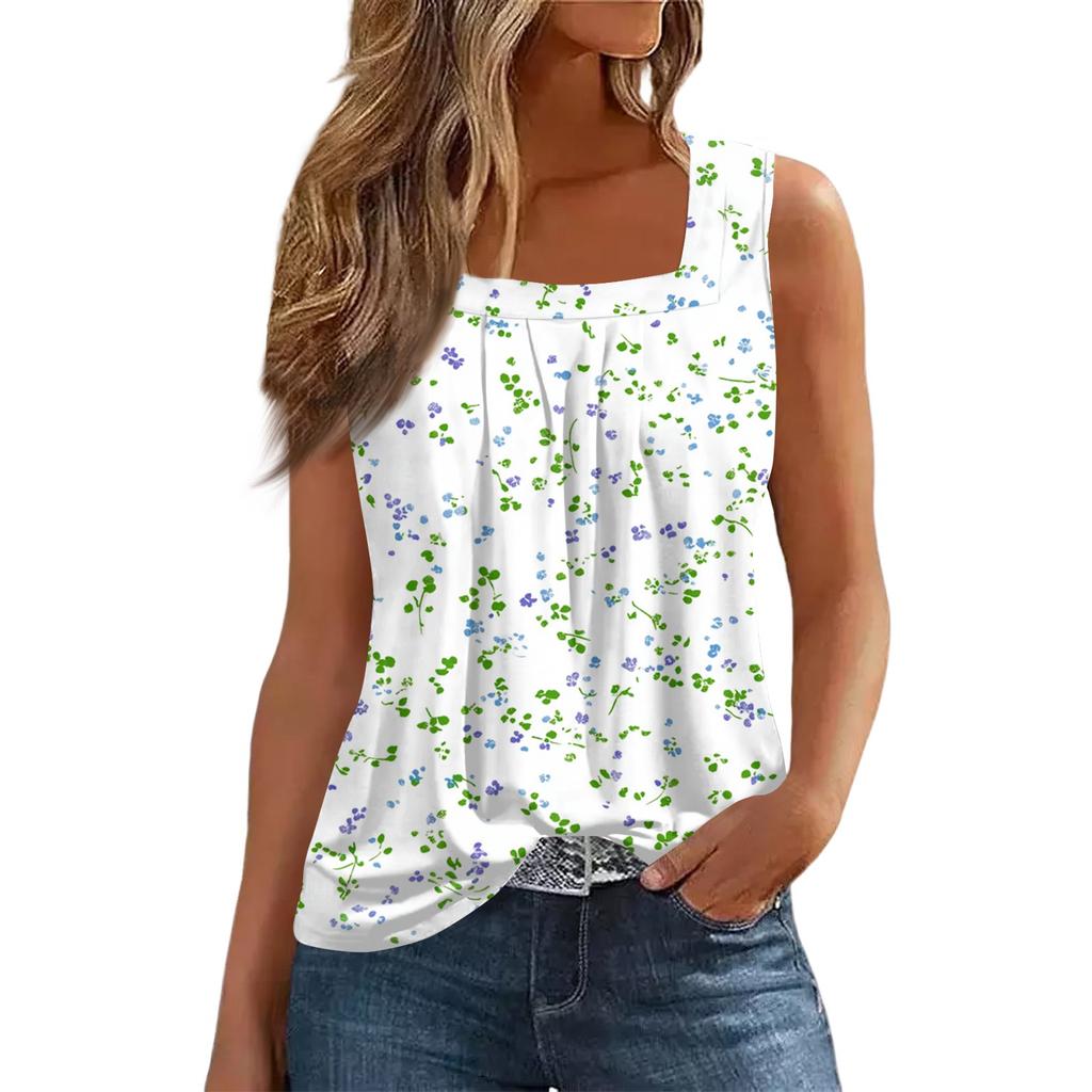 Square Collar Tank Top Women Print Tank Tee Casual Loose Fit Sleeveless Shirt