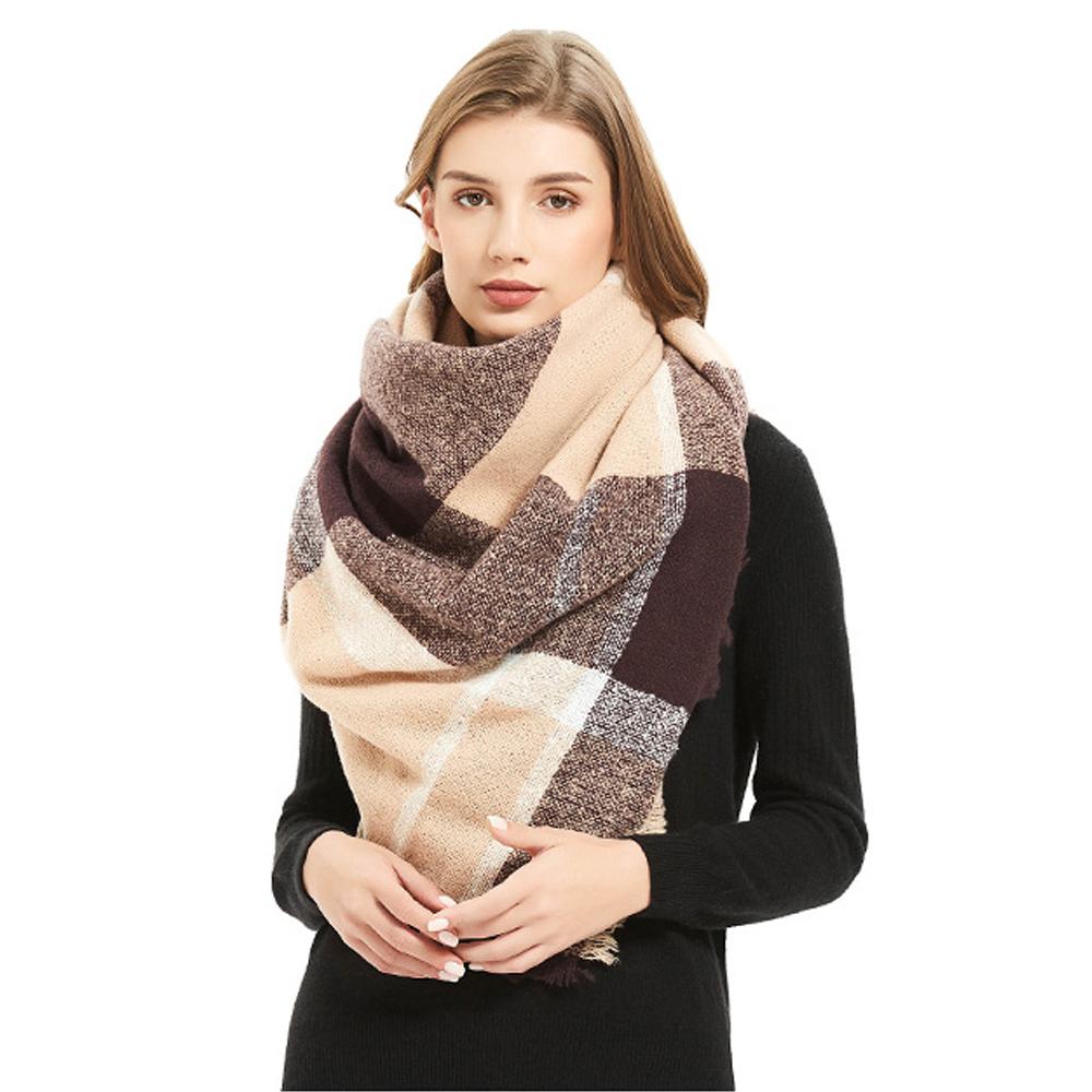 Осенне-зимняя шаль, женский теплый синий клетчатый квадратный шарф
