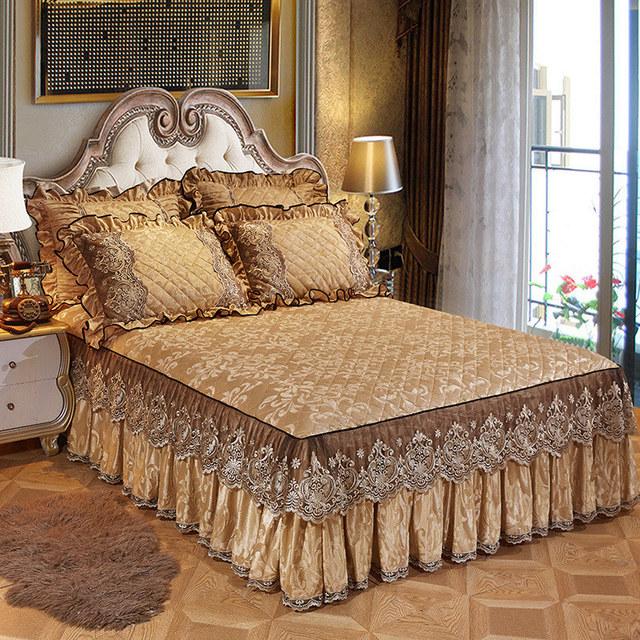 Кружевное бархатное покрывало King Size, стеганая юбка с рюшами, эластичное покрывало для кровати размера «queen-size», наволочки, мягкие и теплые европейские 3 шт.