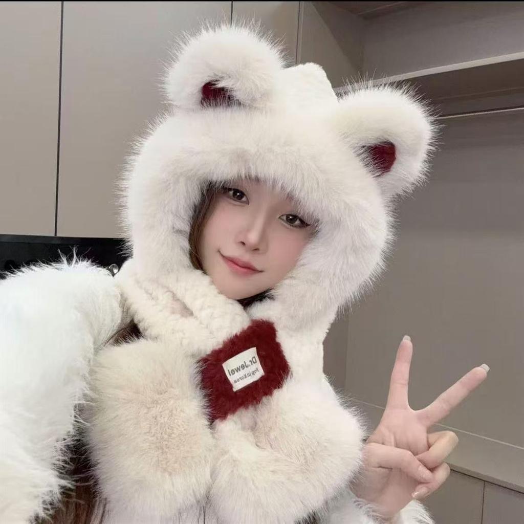 Cute bear ears plush hat women's autumn and winter scarf integrated student warm and cold ear protection scarf hat adult