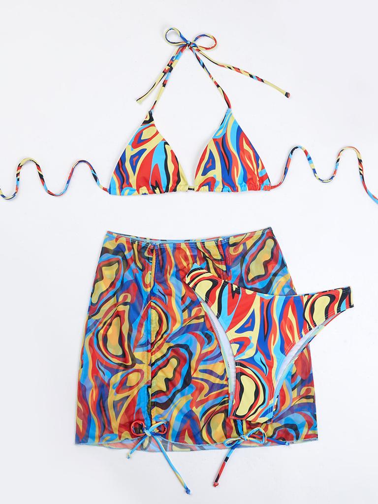 Women's Fashion Bikini Set 3 Pieces Multicolor Swimwear Set Padded Halter Backless Top High Cut Brief Lace Up Cover-up Swimsuit Sexy Bathing Suit