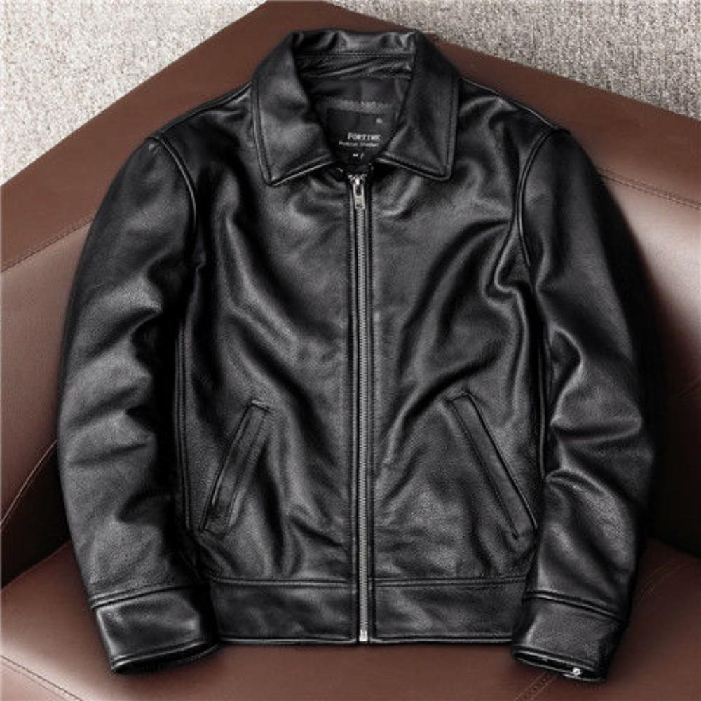 Simple and Pure First-layer Cowhide Soft Leather Jacket Men's Leather Jacket Slim-fitting Short Lapel Jacket